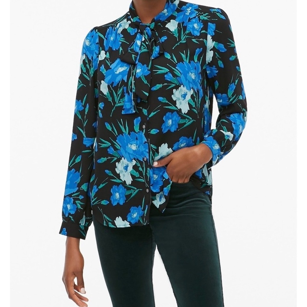 J.Crew Womens Blue Floral Tie Neck Button Down Blouse XS Black Long‎ Sleeve Top